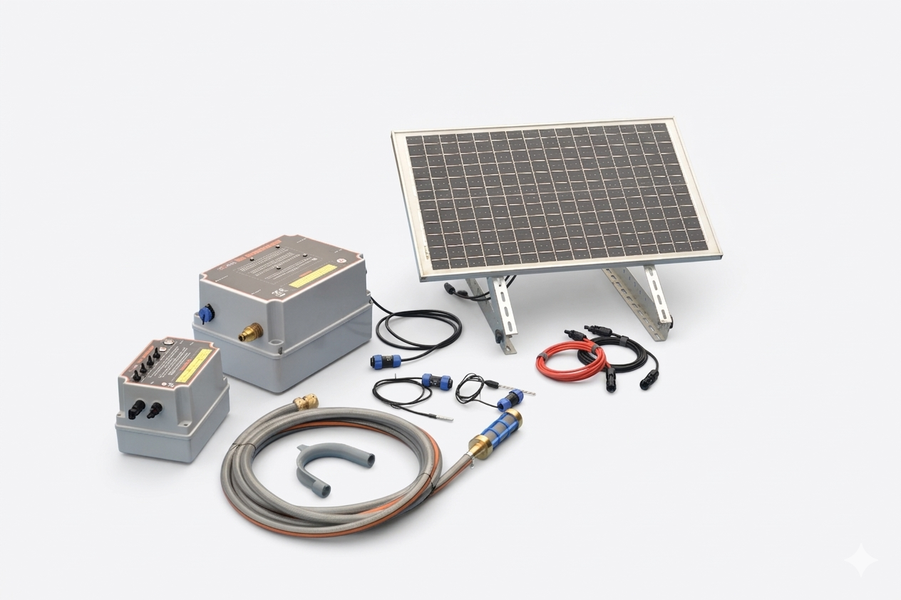 Solar powered garden water pump and autormatic watering system kit including solar panel, a pump box with connectors in the sides, a control box with switches on top and a associated equipment.