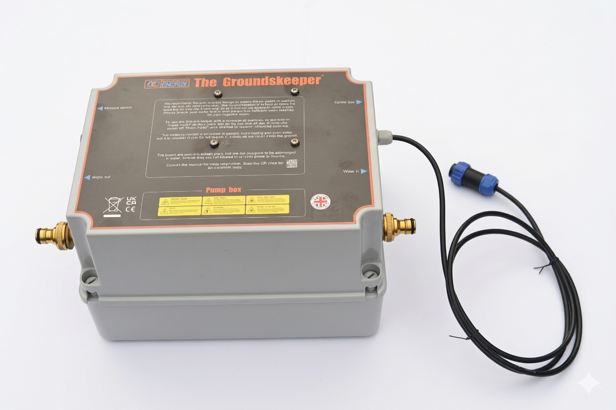 Pump box for Groundskeeper solar powered garden water pump, on a white background