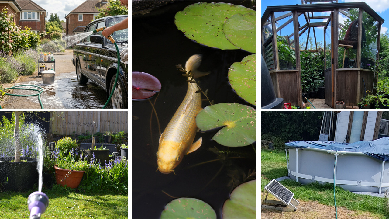 Collage of uses for stored rainwater, using a solar powered Groundskeeper garden water pump including a garden watering scene, with a car being washed, a pond with fish and lily pads, a greenhouse, and a pool being effortlessly emptied using solar power.